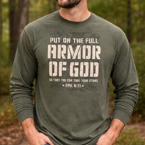 Gildan Heavy Cotton T-Shirt Mens 2XL Green Long Sleeve Put On Full Armor of God